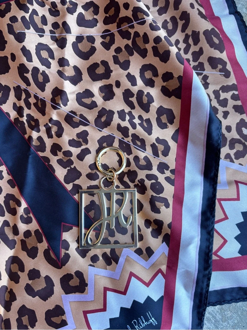 Joseph Ribkoff Leopard Print & Geometric Polyester Scarf with Gold Keychain